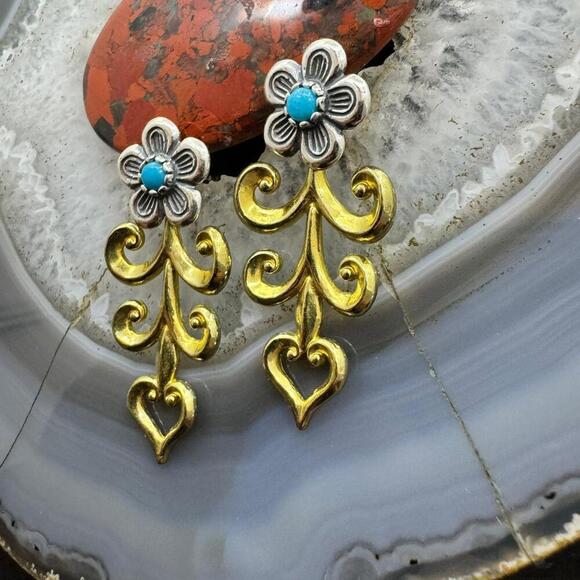 Carolyn Pollack Sterling & Brass w/Turquoise Floral Post Earrings For Women - Picture 6 of 10